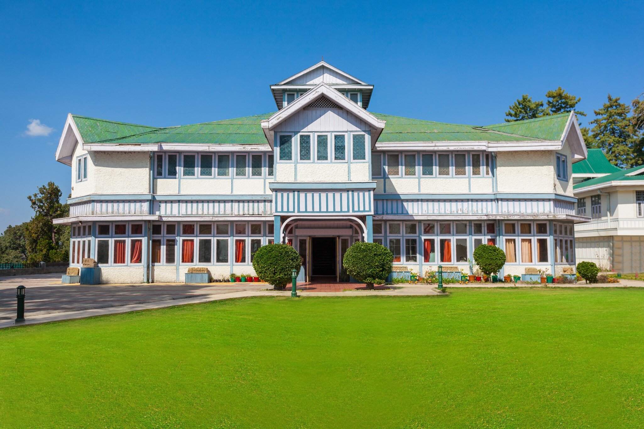 Facade of the Himachal State Museum, a colonial building that was built with the aim of preserving the cultural and archaeological artefacts in Shimla, India.