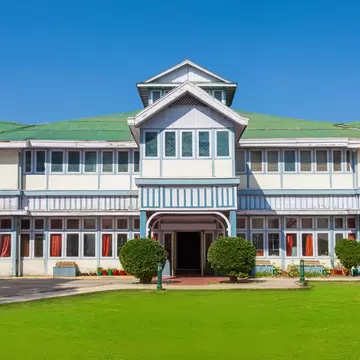 Facade of the Himachal State Museum, a colonial building that was built with the aim of preserving the cultural and archaeological artefacts in Shimla, India.
