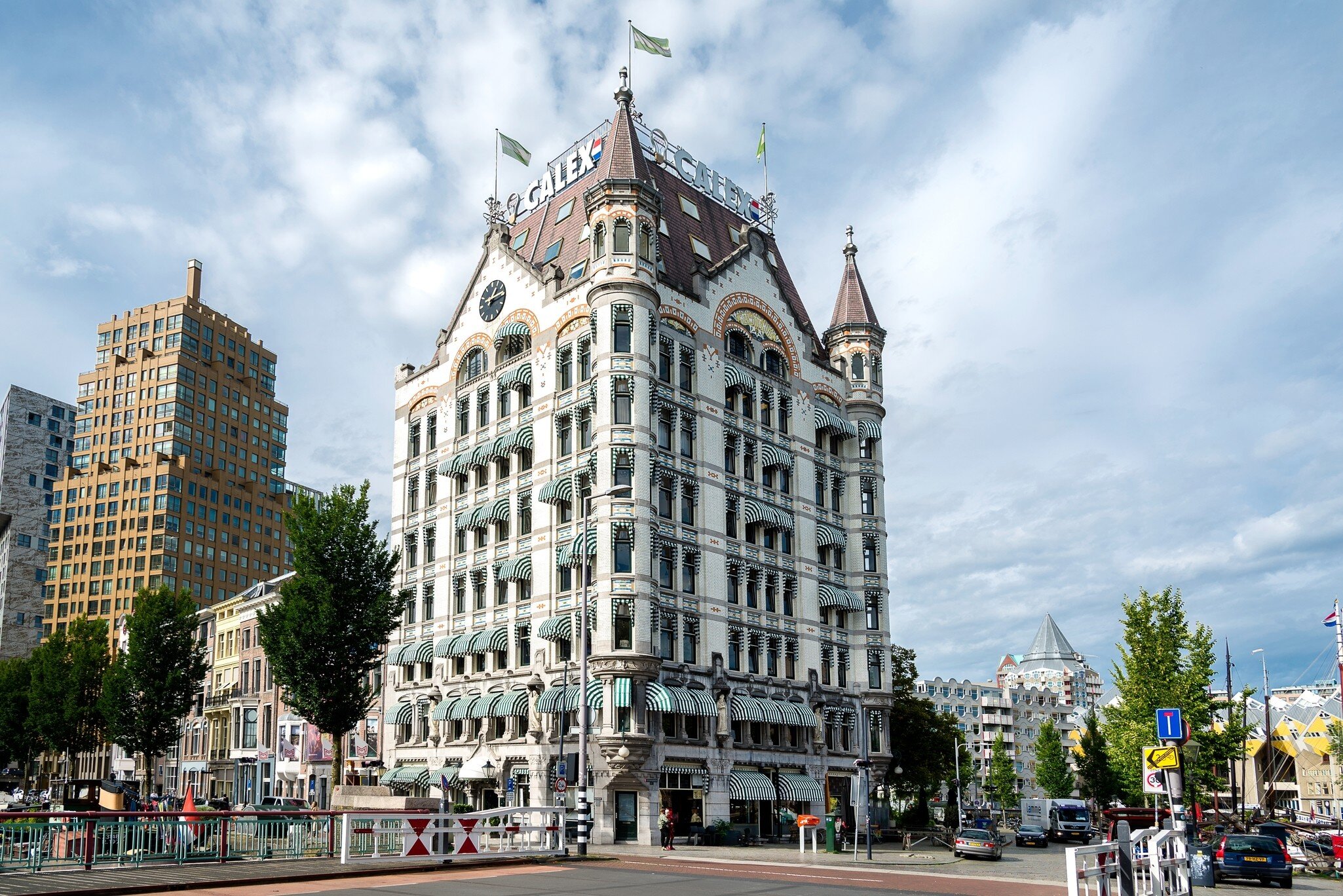 Exterior view of the Witte Huis, a historic building, in Rotterdam on a sunny day.