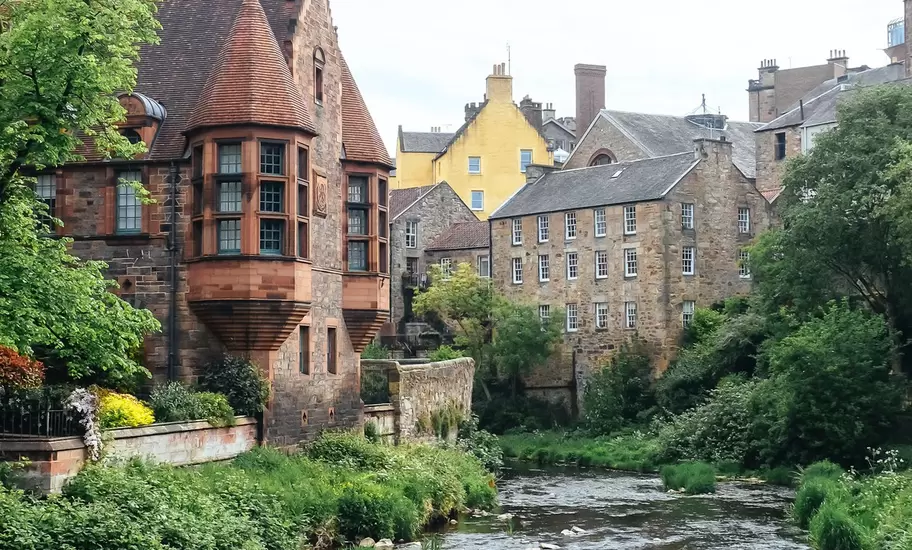 A view of a river in Dean Village, Edinburgh.