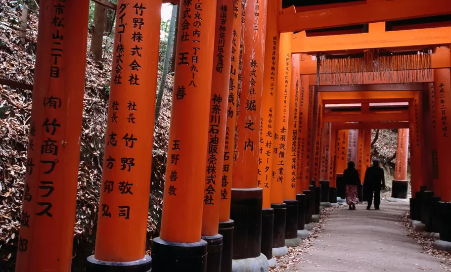 People walking through Fushimi-Inari Taisha 'torii tunnels'.