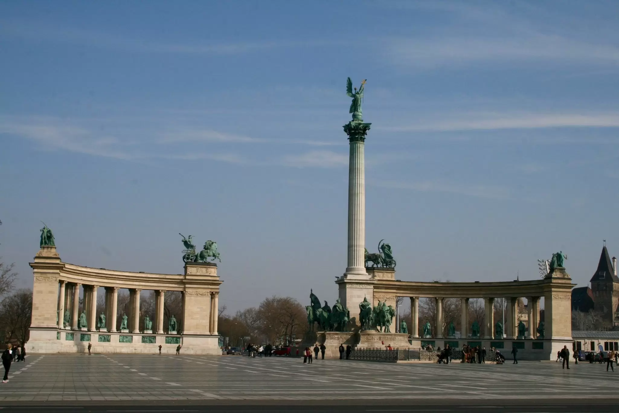 View of the colonnades on Heroes' Square in Budapest, Hungary.