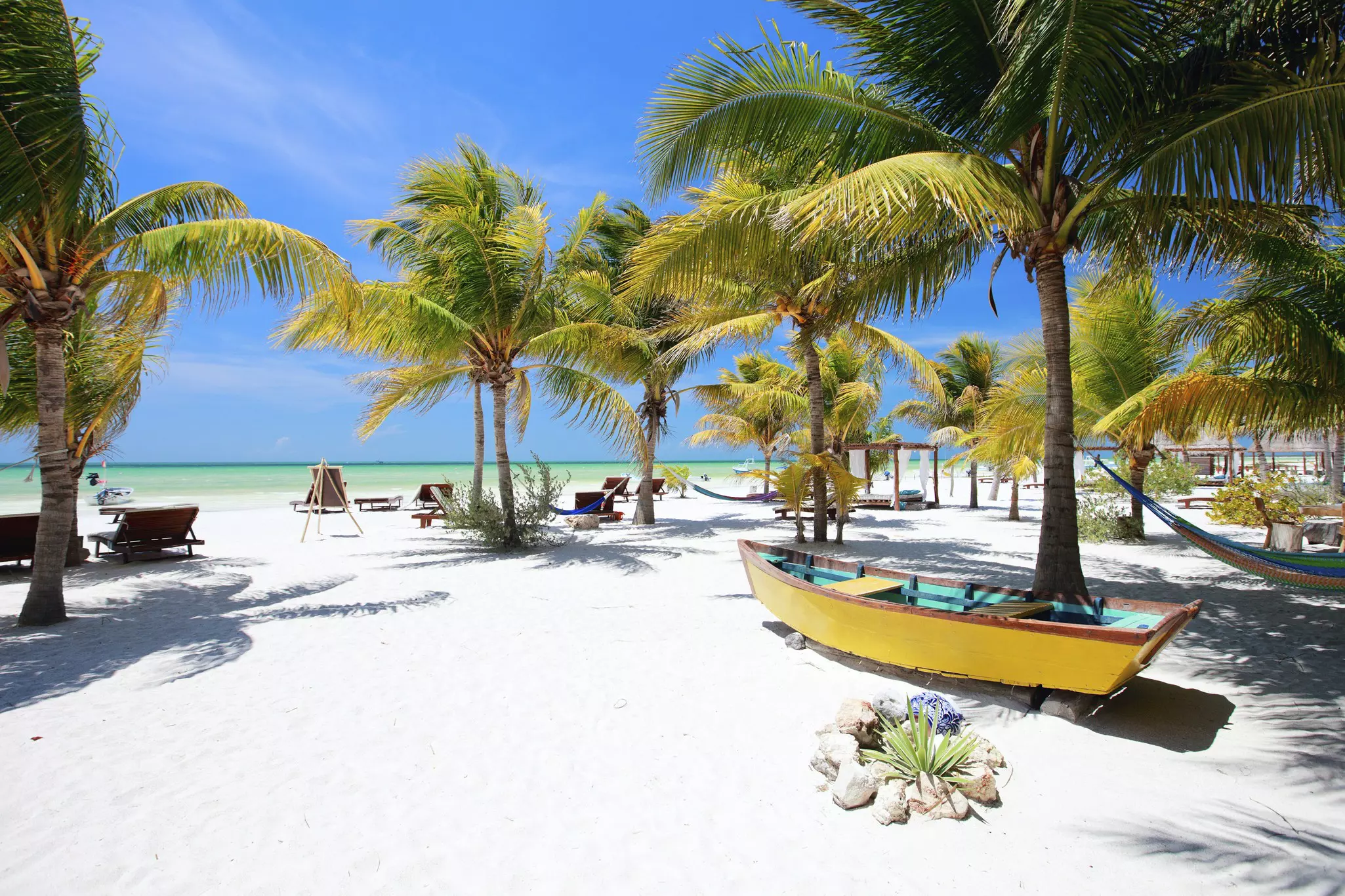 A yellow-painted boat sits on a white-sand beach amid a grove of palm trees.