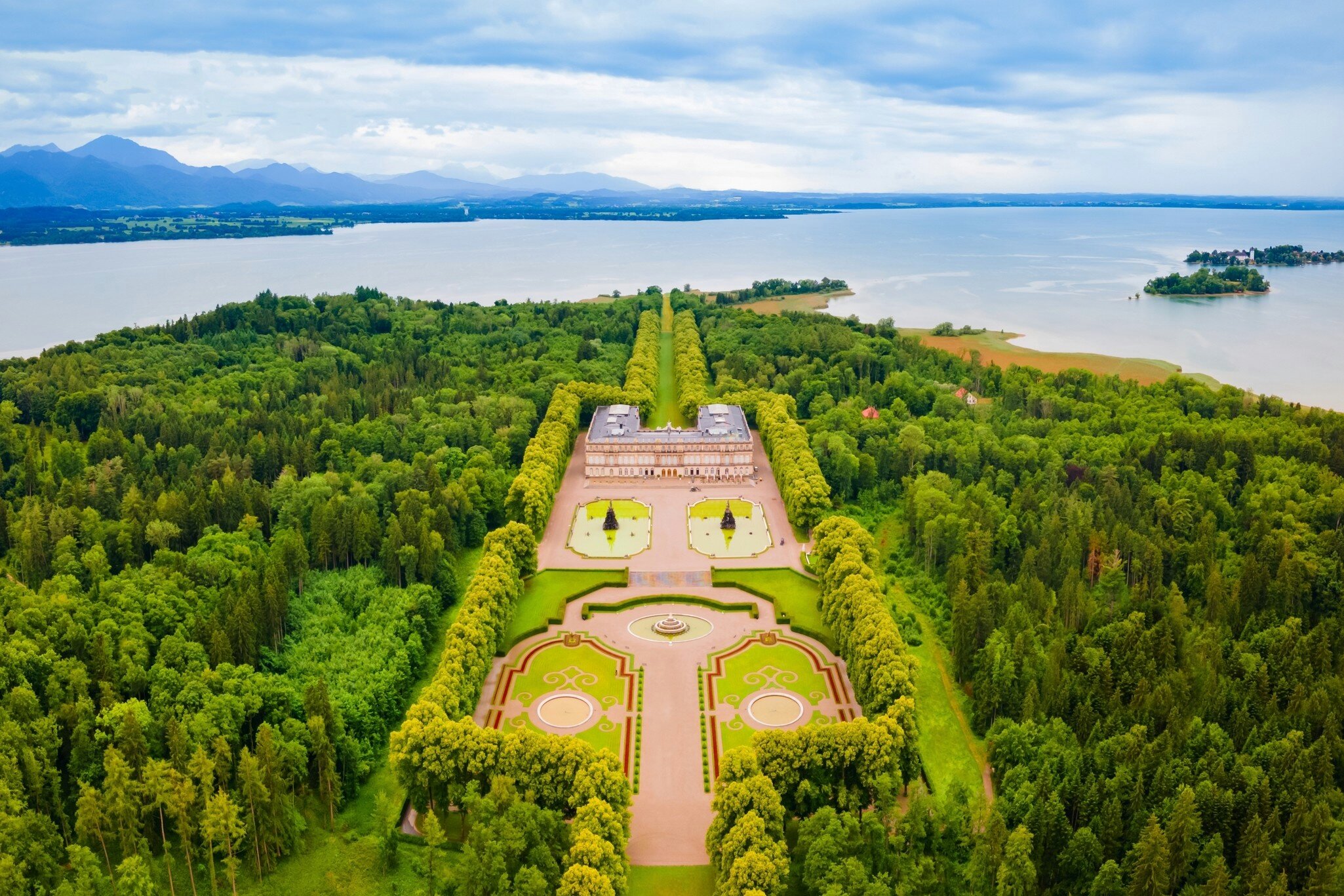 The Herrenchiemsee Palace complex comprises stately royal buildings on Herreninsel, the largest island in the Chiemsee Lake.