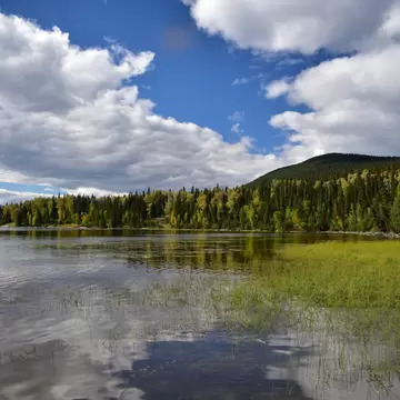 Canada,BC,Bowron Lake Provincial Park.Close to campground.From the shore of a mountain lake.in the background forests, sky and clouds.Very quiet area, great for canoeing and fishing.; Shutterstock ID 1712807968; full: 65050; gl: 65050; netsuite: P...