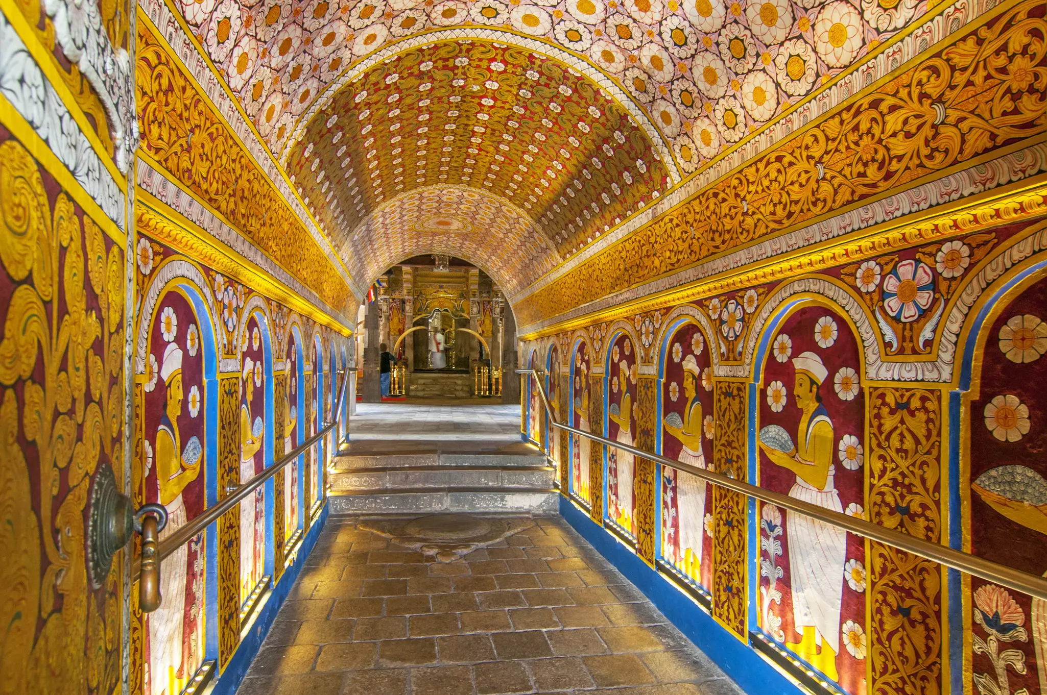 The colorful, ornate interior of the Temple of the Tooth Relic