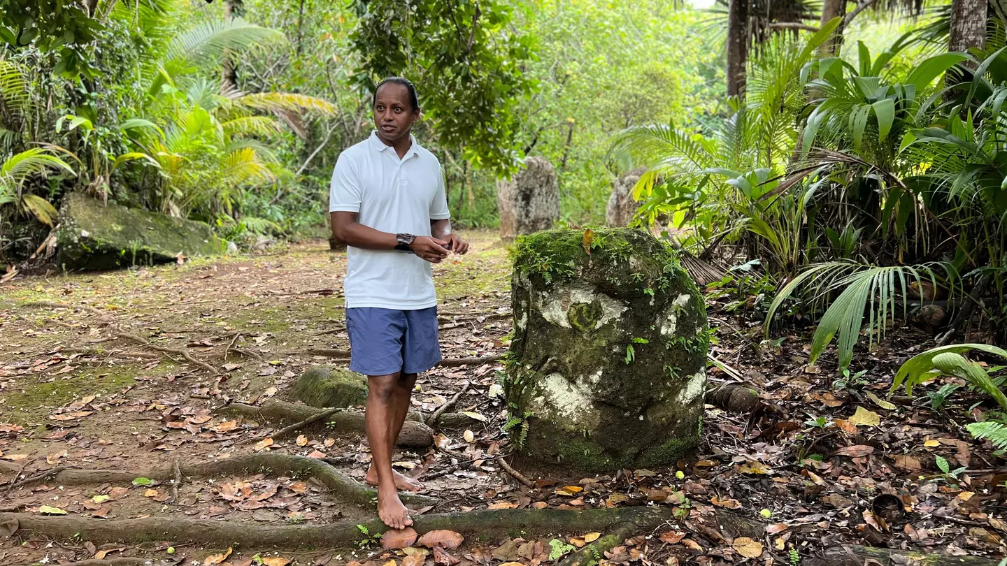A guide stands beside a stone pillar, one of the Badrulchau monoliths in Palau.