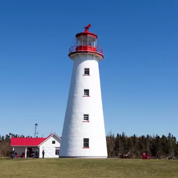View of Point Prim Lighthouse against a blue sky in PEI, Canada.