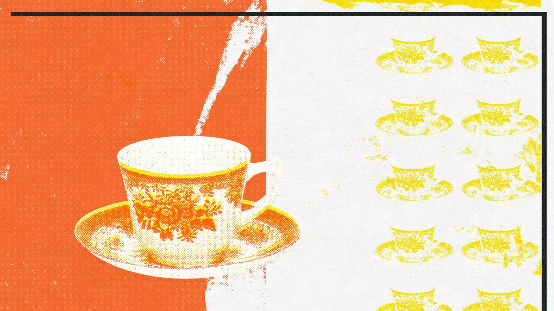 A repeated illustrative series of traditional teacups 