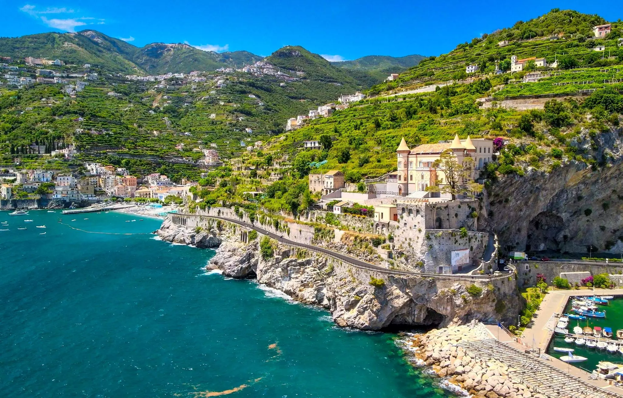 Amazing aerial view of Maiori and Minori along Amalfi Coast in summer season, Italy. 