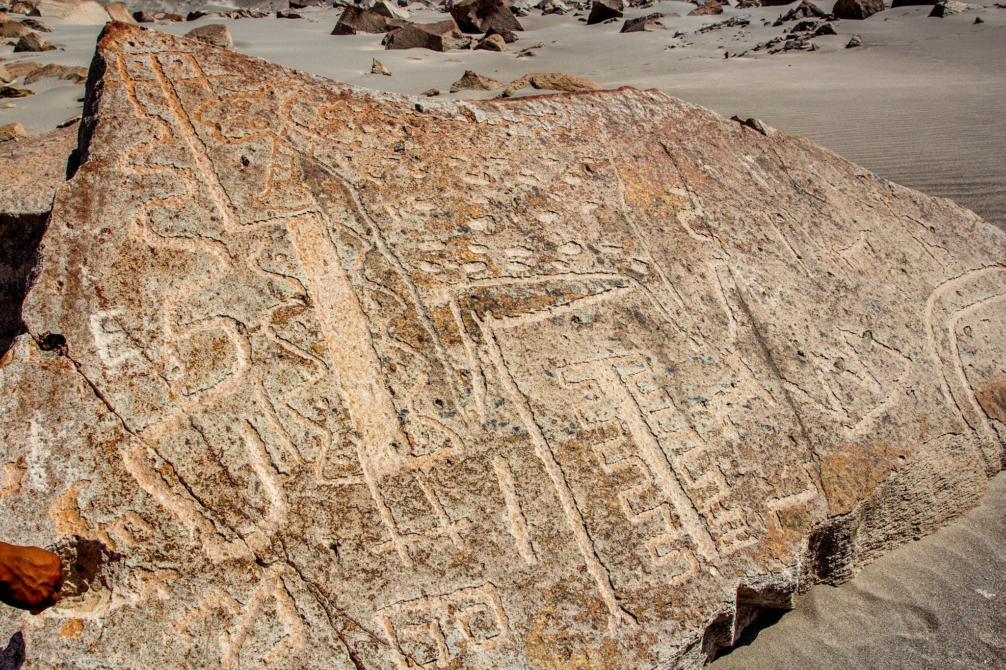 View of mystical writings at the Toro Muerto Petroglyphs in Arequipa, Peru.