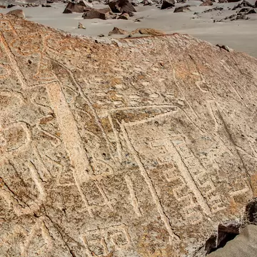 View of mystical writings at the Toro Muerto Petroglyphs in Arequipa, Peru.