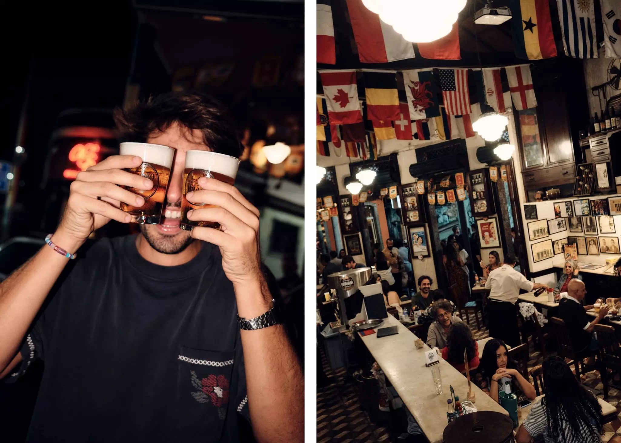 Left, a man smiling and covering his eyes with two glasses of beer; right, the interior of a bar with flags hanging from the ceiling and memorabilia on the walls.