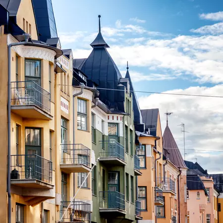 Multicolored facades of buildings in Helsinki, the capital of Finland.