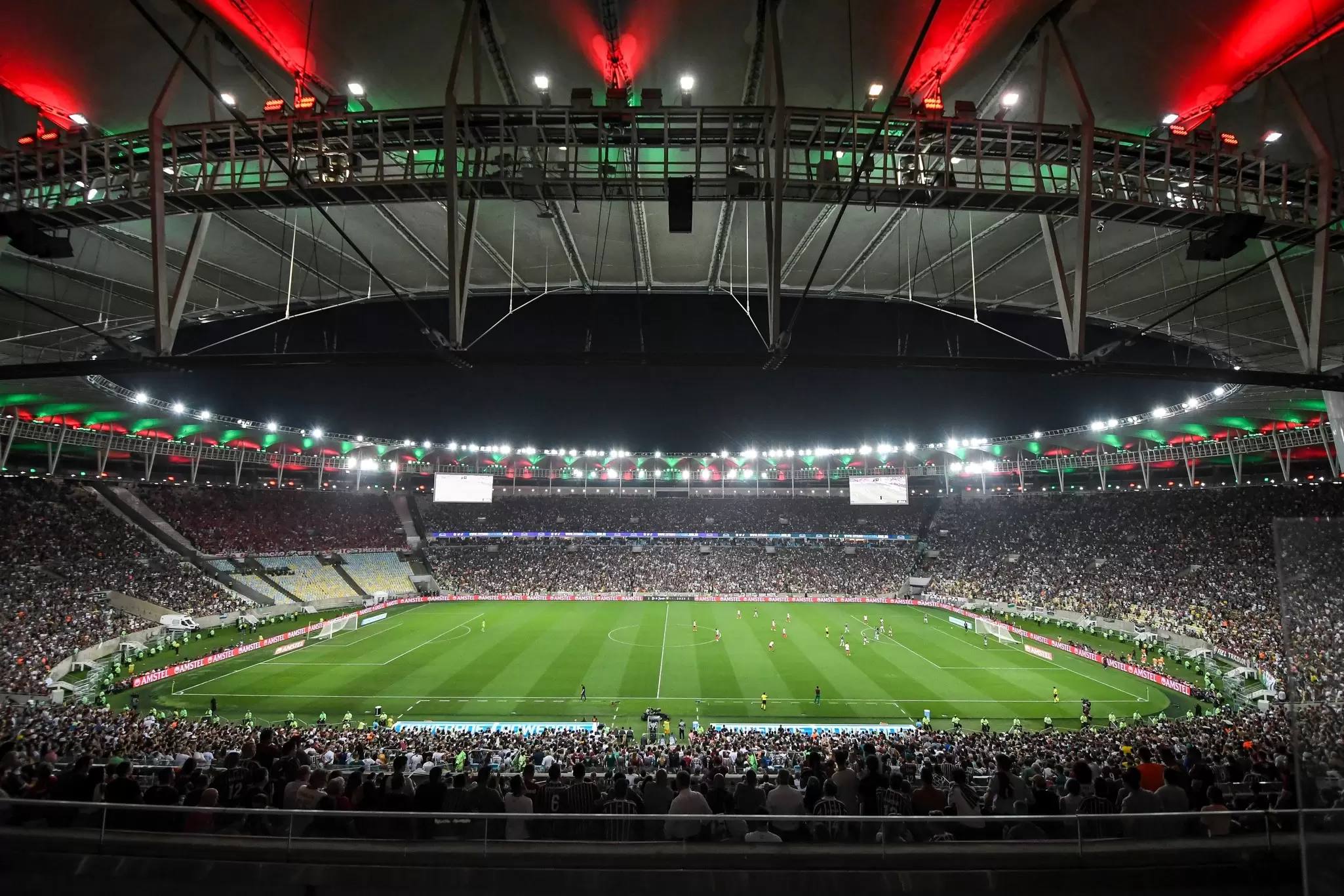 View of the pitch at Maracanã Football Stadium during a match in Rio de Janeiro, Brazil.