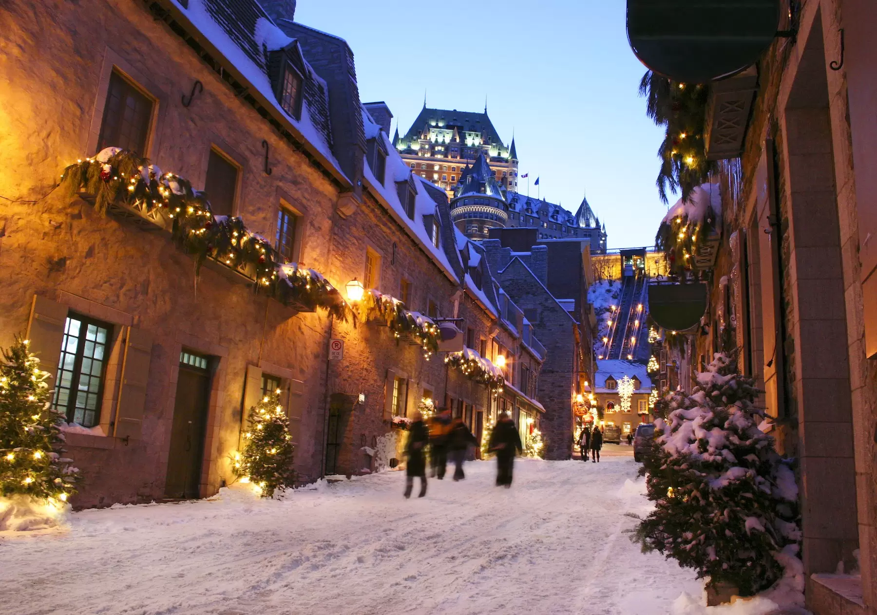 A snowy winter street scene in Quebec City, Canada
