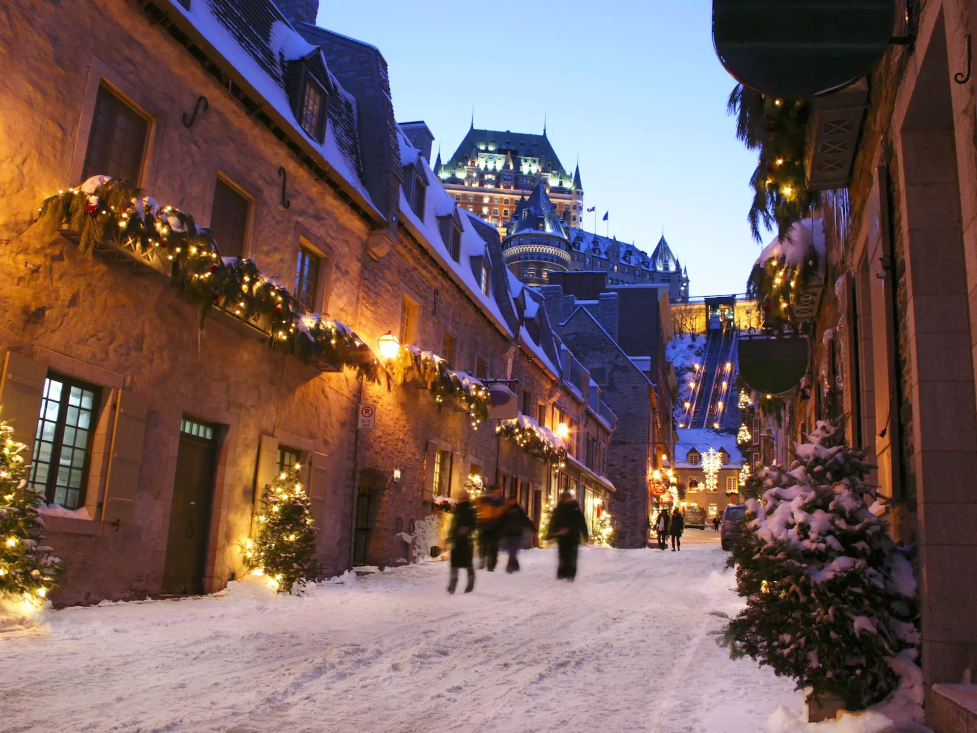 Chateau Frontenac at dusk, Quebec City, Canada; Shutterstock ID 98703929; your: Brian Healy; gl: 65050; netsuite: Lonely Planet Online Editorial; full: Getting around Quebec City
