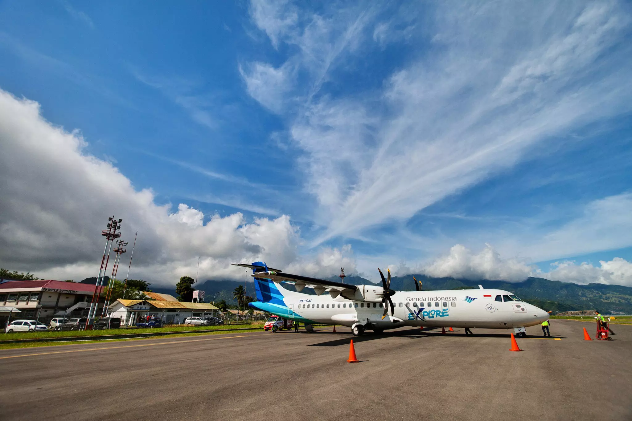 Propeller style airplane at the airport in Ende, Indonesia.