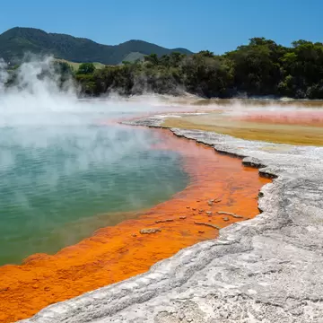 Steaming green geothermal pool edged with bright orange mineral deposits and white silica, forested hills behind.