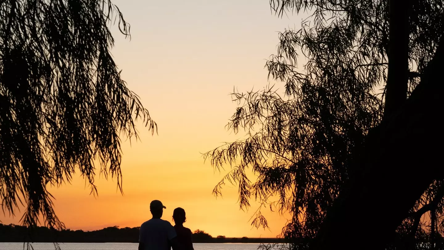 Sunset over wetlands in Conservation Park with egret perched on a wooden boardwalk.