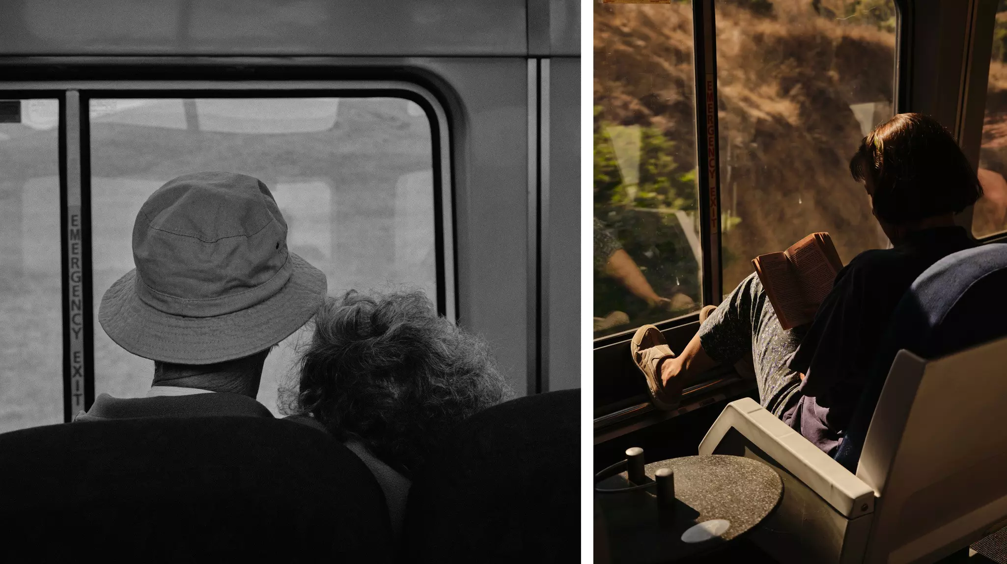 Left, a view of a couple leaning into each other as they stare out a window. Right, a woman faces a window and reads a book.