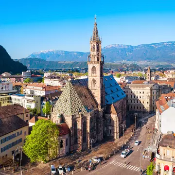 Bolzano Cathedral or Duomo di Bolzano aerial panoramic view, located in Bolzano city in South Tyrol, Italy