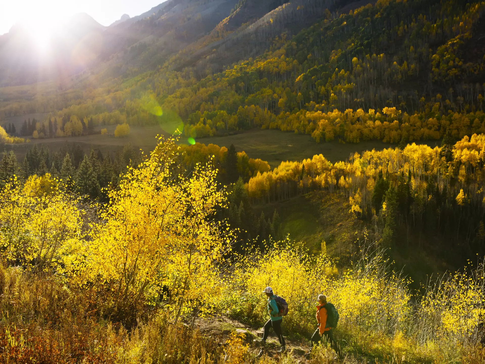 Two hikers walking along a trail in Aspen, Colorado during fall