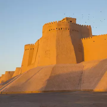 The watchtower of the Khuna Ark, the fortress and residence of the rulers of Khiva, in Uzbekistan. The Ark was built in the 12th Century.; Shutterstock ID 522302650;