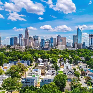 Drone aerial of downtown Charlotte, North Carolina, NC, USA Skyline.