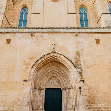View of a door to the Catedral de Menorca in Spain.
