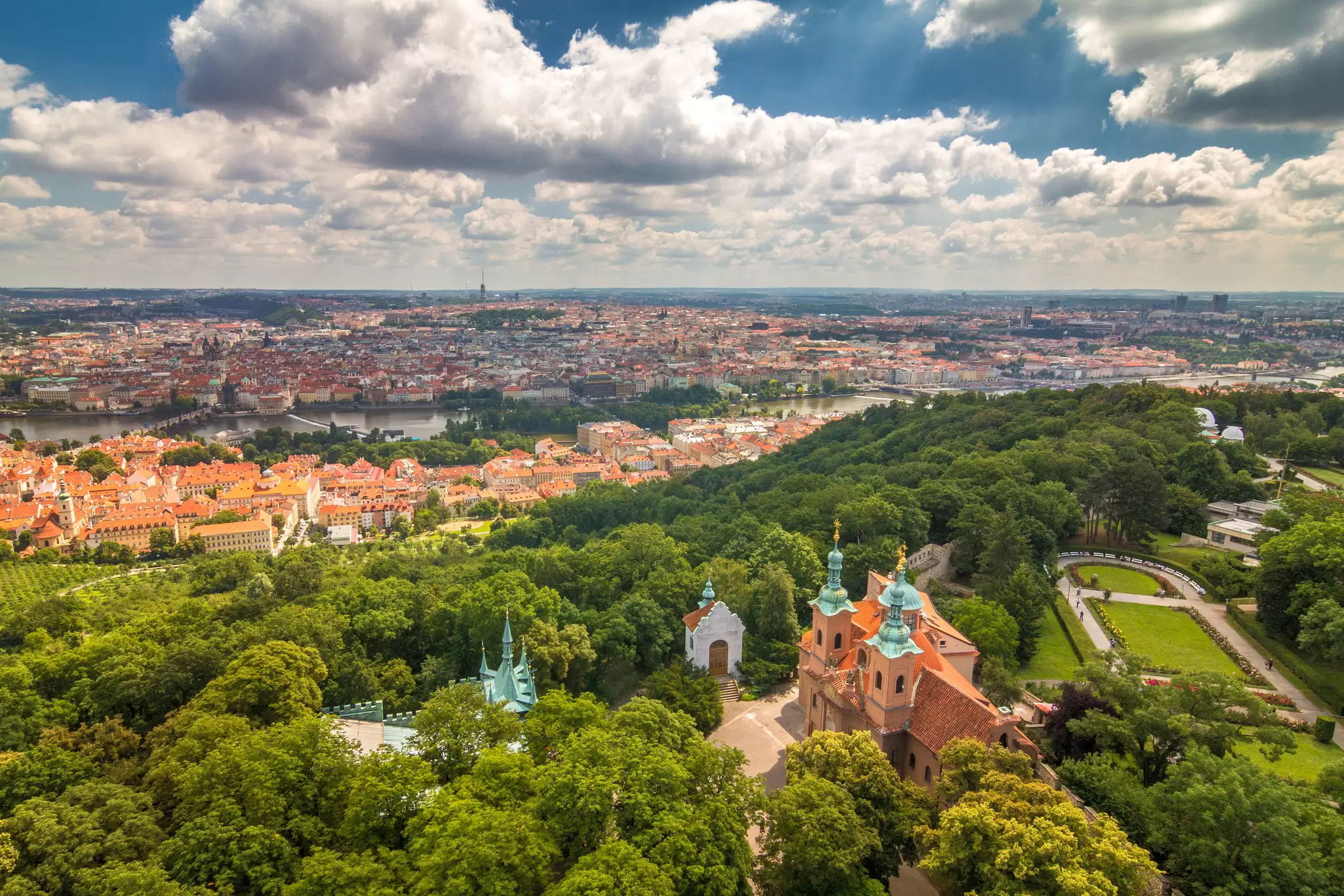 View over the city of Prague from Petřín Hill in Czechia.