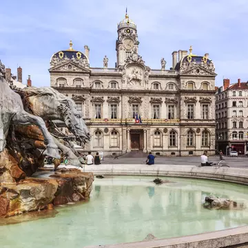 The fountain at Terreaux square in Lyon city, France.