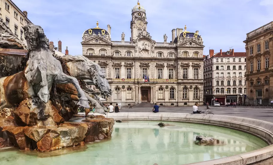 The fountain at Terreaux square in Lyon city, France.
