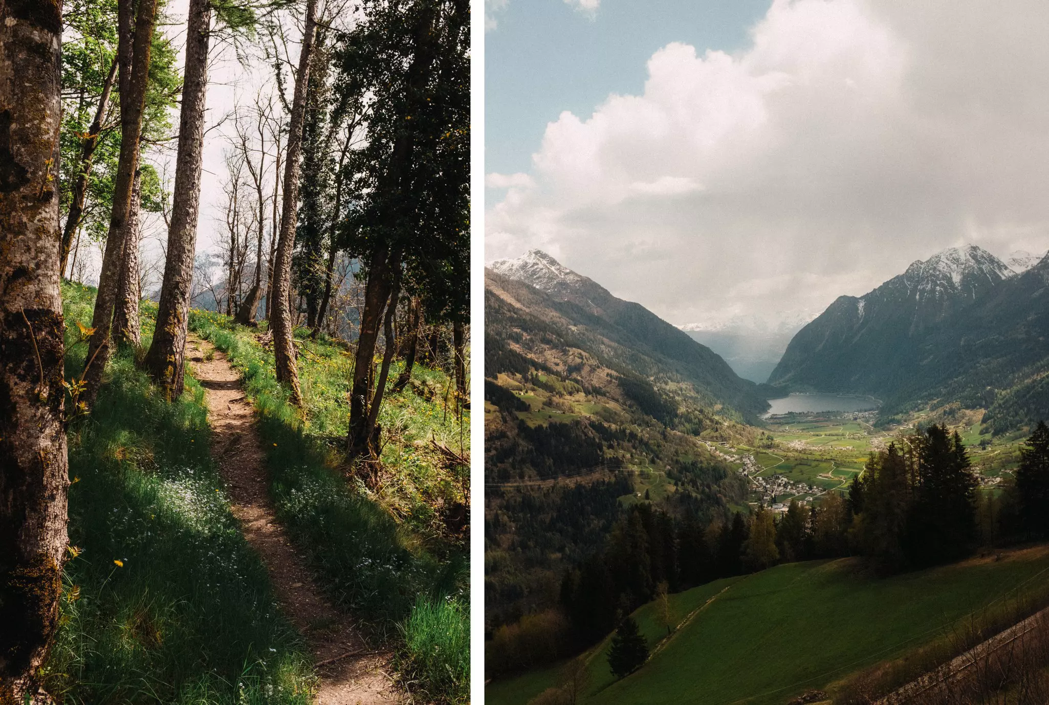Left, a small path through a wooded forest with green grass; right, two mountains open on a small valley with a town in the center