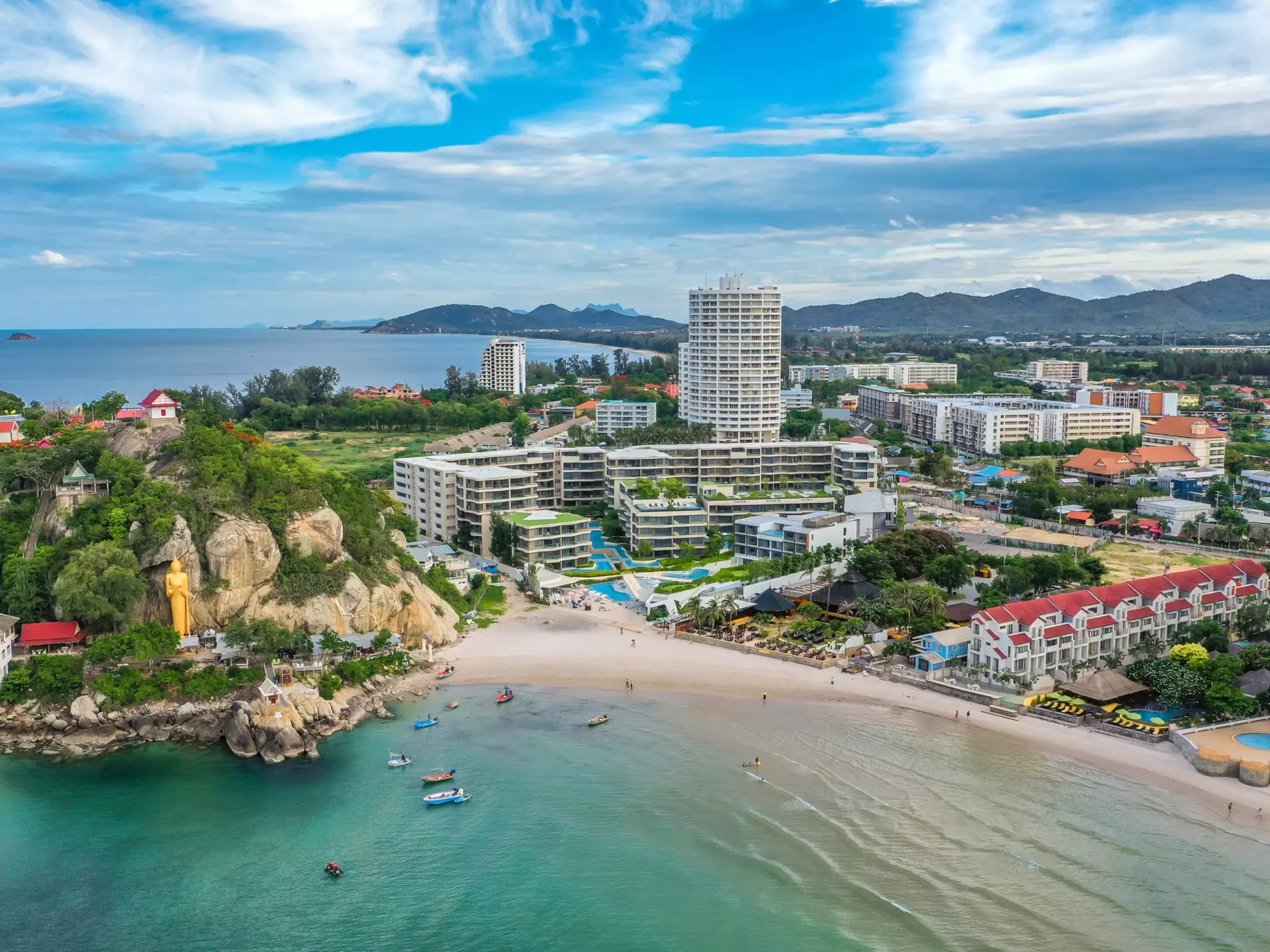 View from above of Wat Khao Takiab hill and the beach in Hua Hin, Prachuap Khiri Khan, Thailand