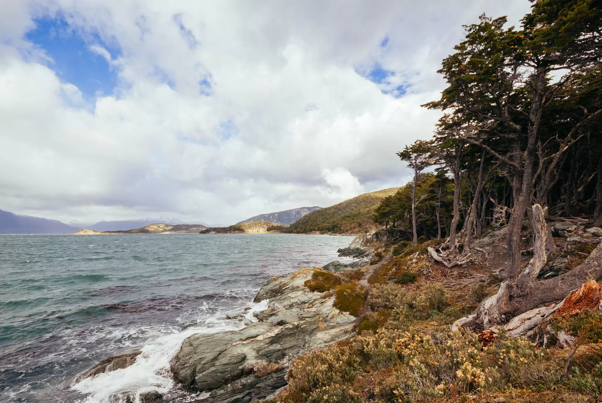 View of Bahia ensenada, a closed bay inside the Parque Nacional Tierra del Fuego in Argentina.
