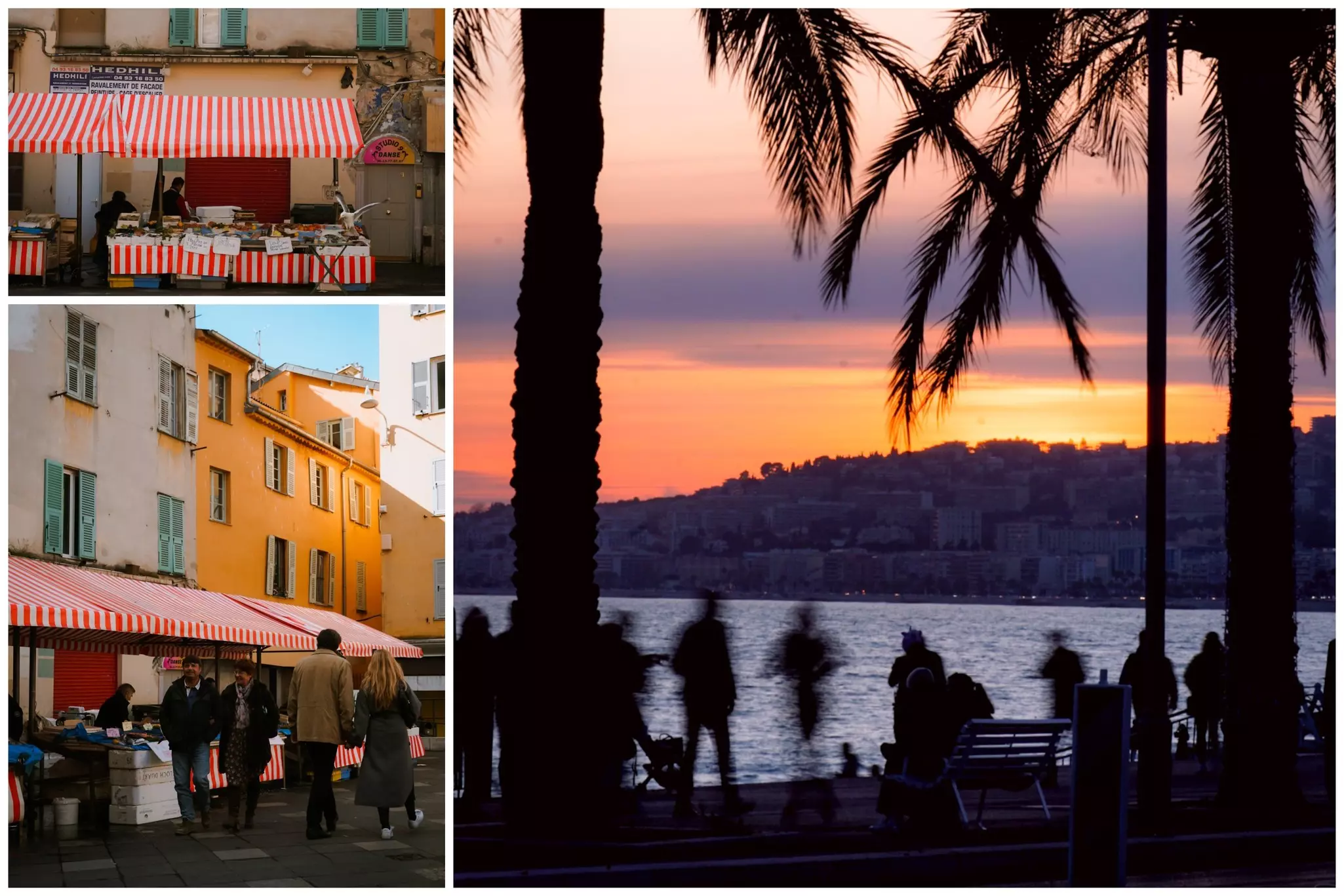 L: Saint-François morning fish market. R: Mediterranean sunset from the Promenade des Anglais © Chloé Braithwaite