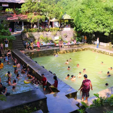 BANJAR, BALI, INDONESIA, ASIA - unidentified local people enjoy the hot springs in Banjar, Air Panas, Bali
