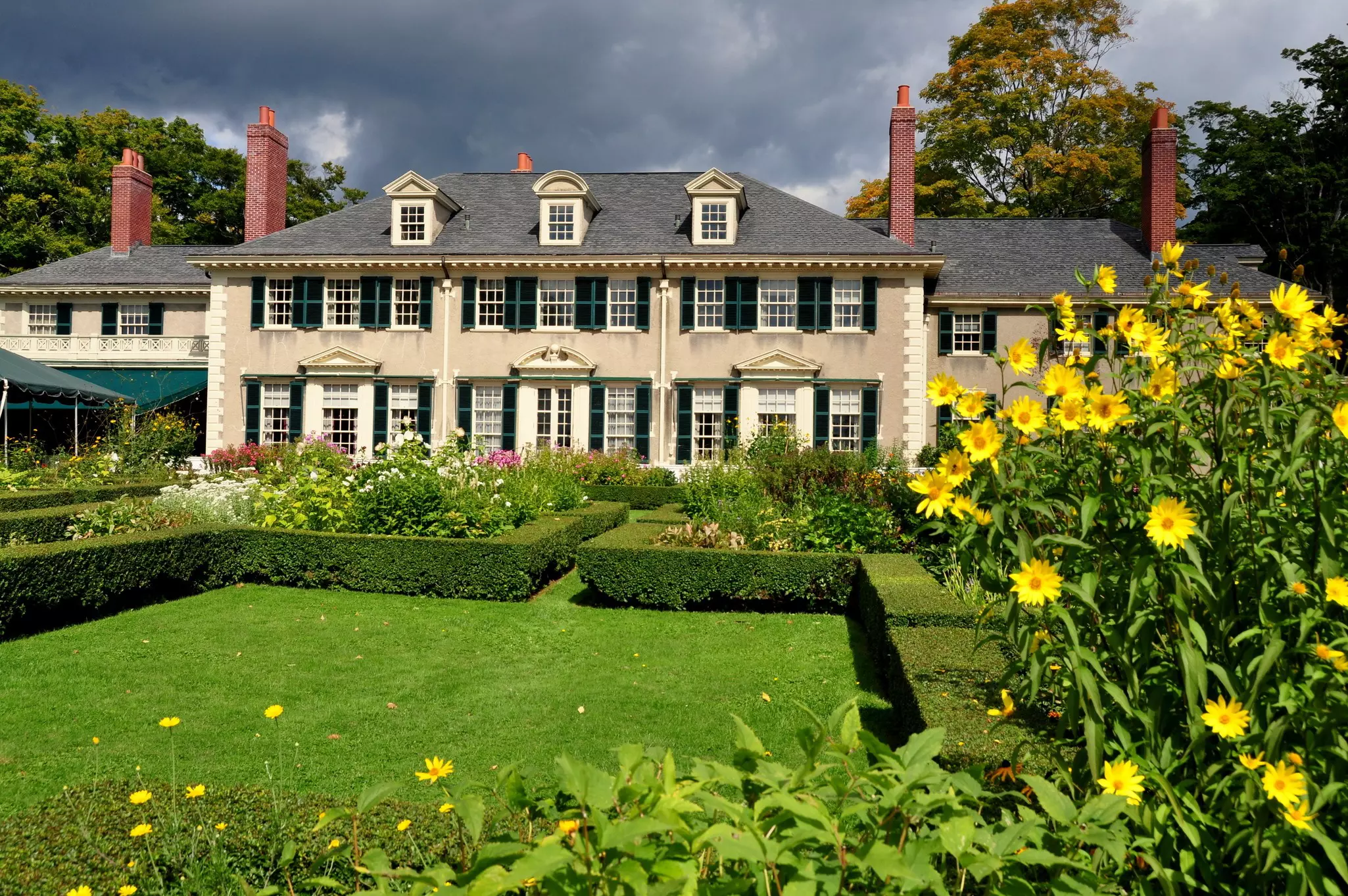 East Front of Hildene, Robert Todd Lincoln's 1905 Georgian Revival Summer home and its formal gardens