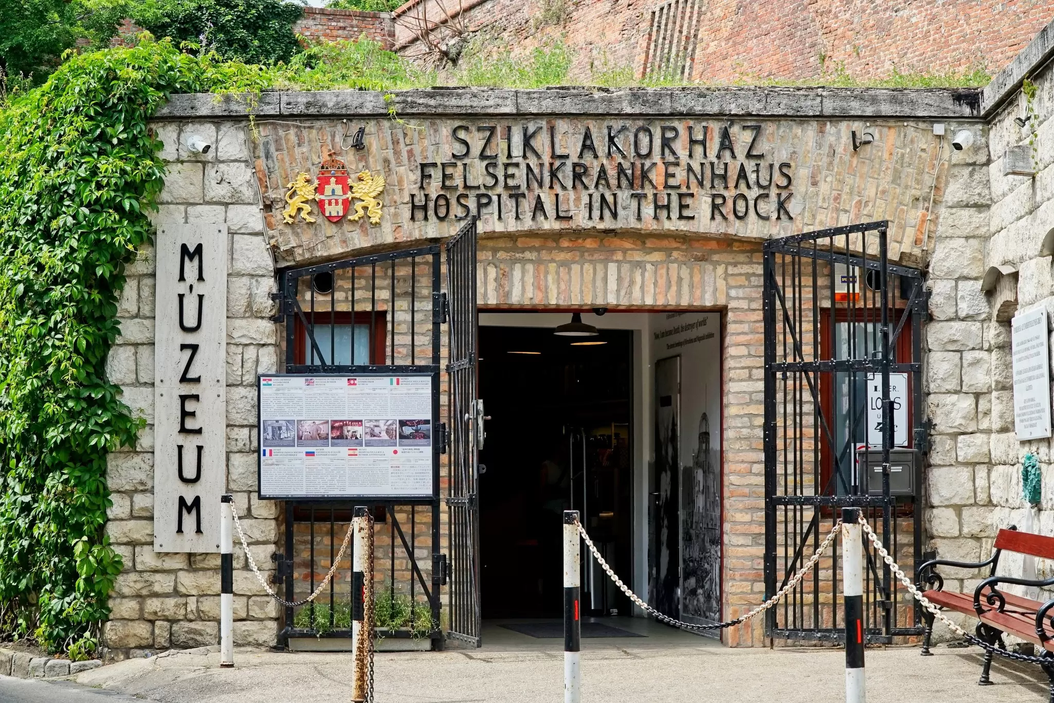 View of the entrance to the Hospital in the Rock Nuclear Bunker Museum at Buda Castle in Budapest, Hungary.