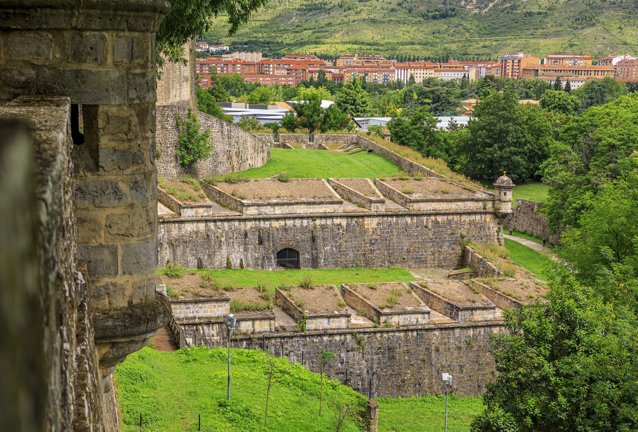 The citadel, medieval fortifications in old town Pamplona, Navarra, Spain famous for the running of the bulls