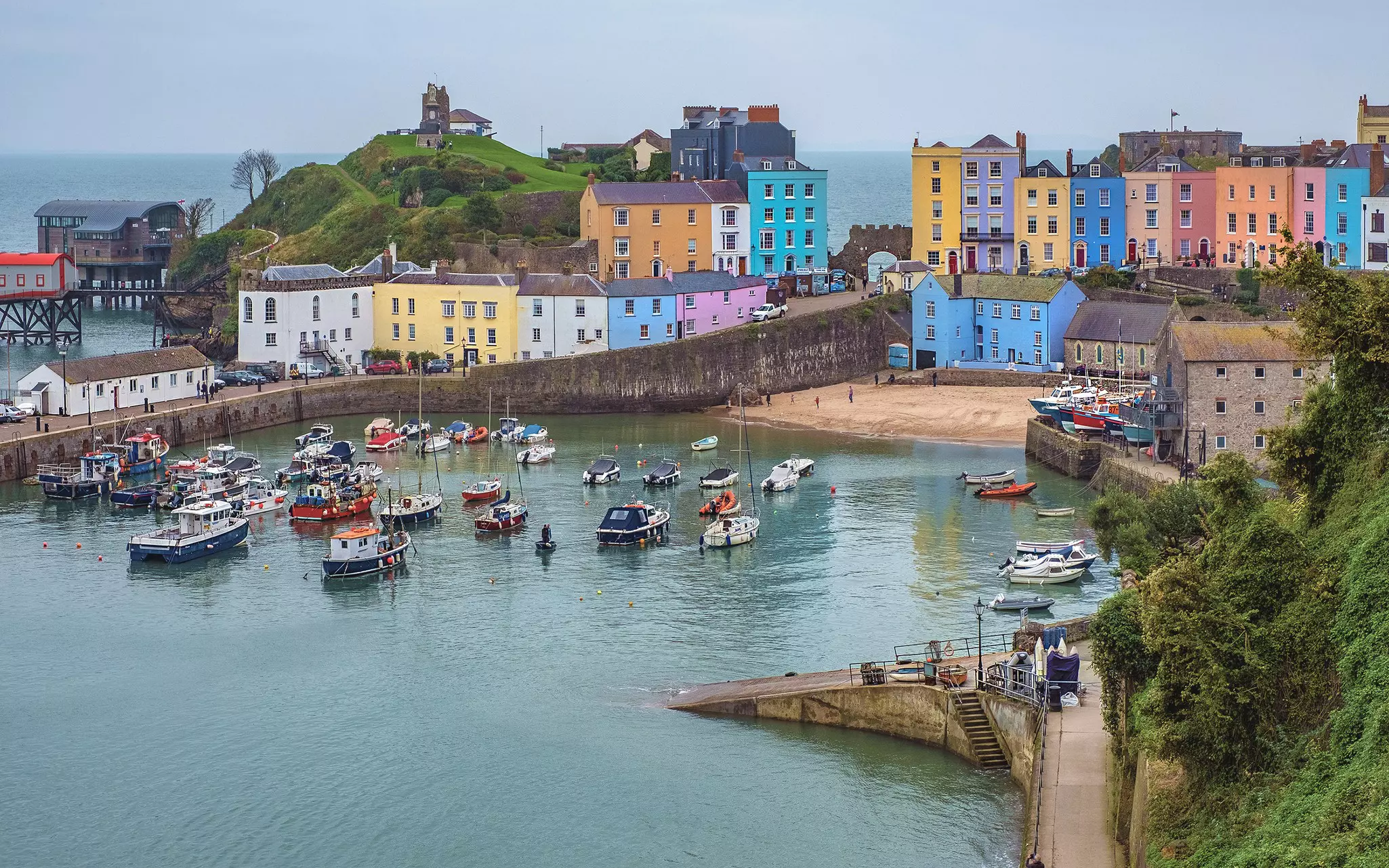 A view over the harbor and colourful houses in Tenby, Wales, UK
