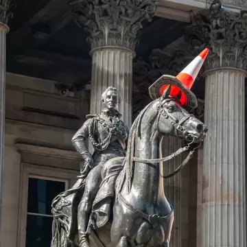 Glasgow, UK - September 4, 2019 - The iconic equestrian statue of Arthur Wellesley, 1st Duke of Wellington located outside the Gallery of Modern Art, Glasgow, Scotland, License Type: media, Download Time: 2025-08-05T19:31:11.000Z, User: katelyn.perry_lonelyplanet, Editorial: true, purchase_order: 65050 - Digital Destinations and Articles, job: wip, client: wip, other: Katelyn Perry