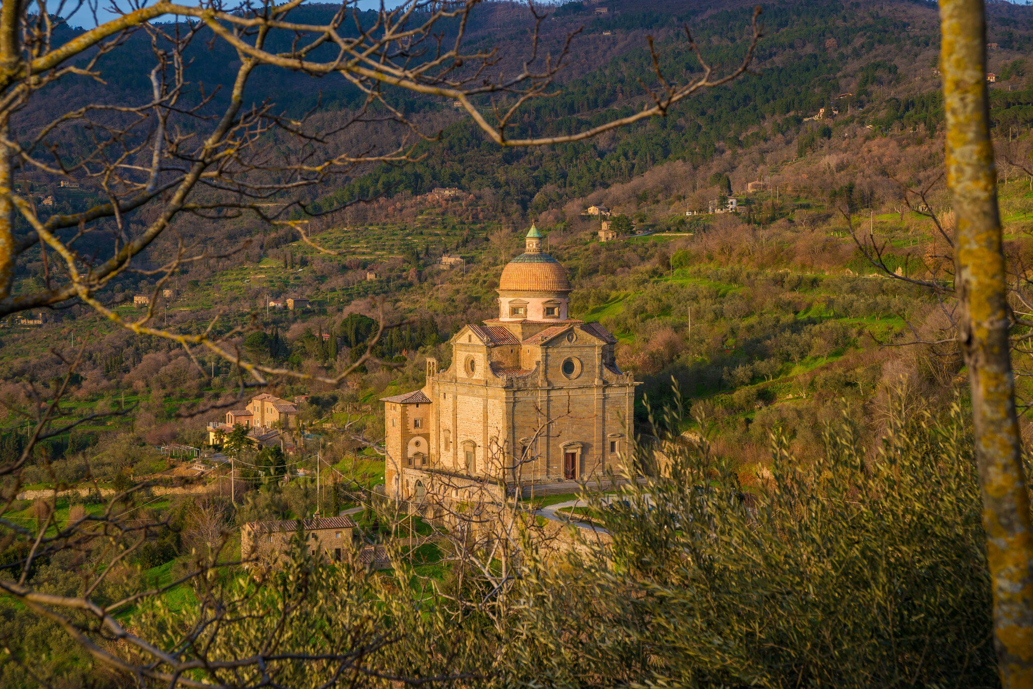 View of Santa Maria Nuova (Church of St Mary the New) among trees, just before sunset from Cortona, in Tuscany.