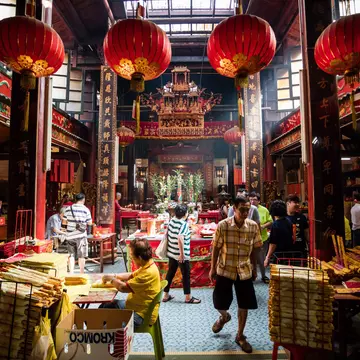 JANUARY 18, 2017: Guan Di Temple (also known as Kuan Ti Temple) with incense sticks in Chinatown.