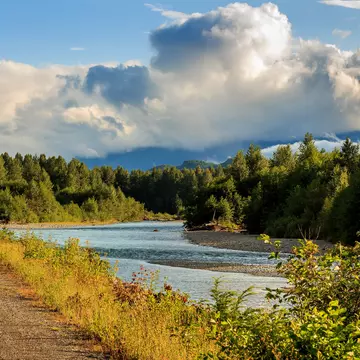 Looking downstream on the Kitimat River in the evening sun, British Columbia, Canada, with forest and cloudy sky in the distance., License Type: media, Download Time: 2025-11-27T16:55:53.000Z, User: Eointloughney87, Editorial: false, purchase_order: 56530 - Guidebooks, job: Global Publishing-WIP, client: BCO11, other: Eoin T Loughney