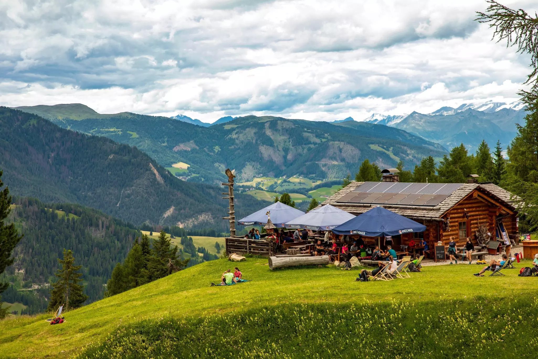 People sit among flowering meadows at a mountain hut on a sunny day.