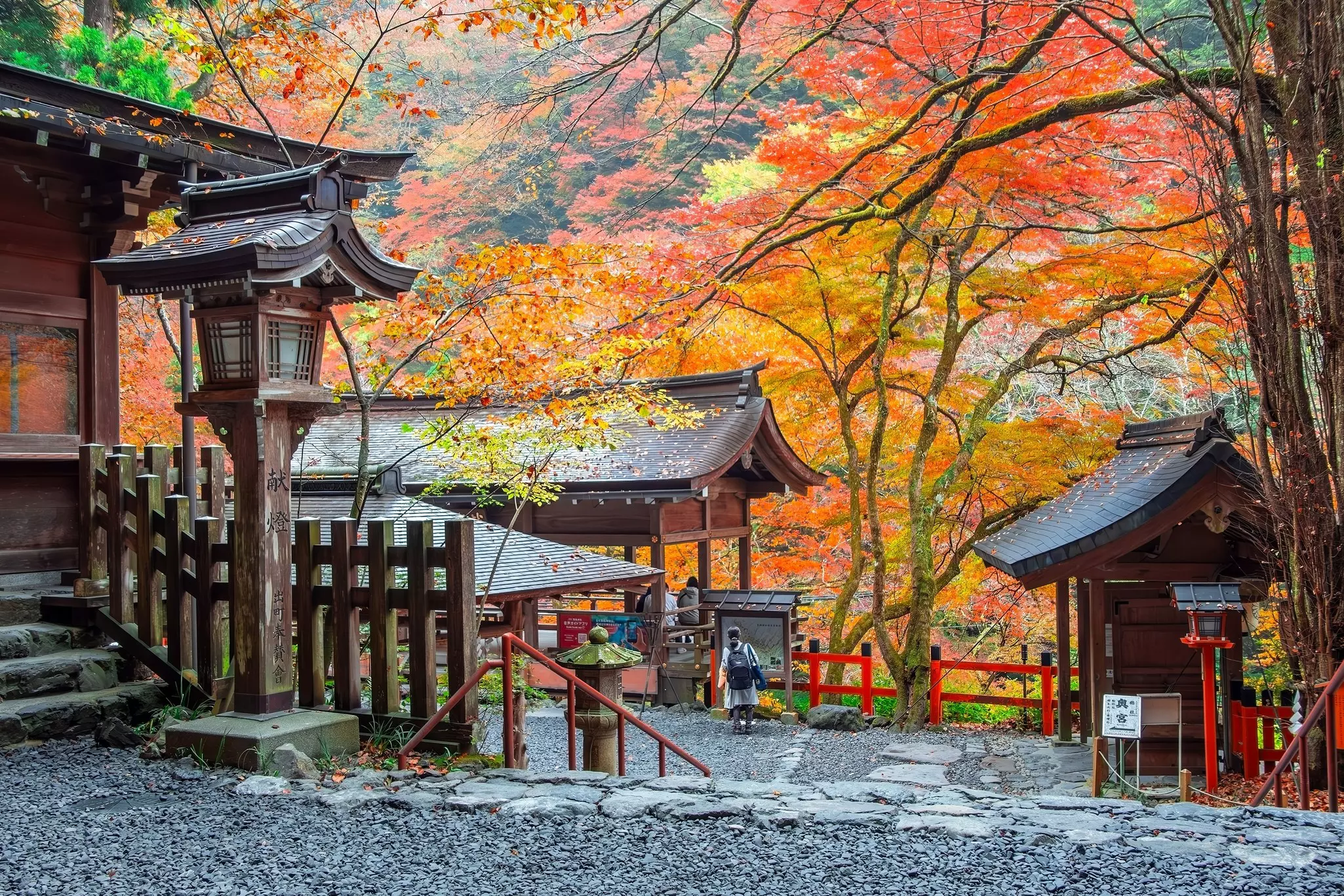 wooden Japanese structures with stone steps, a red fence and orange and red trees