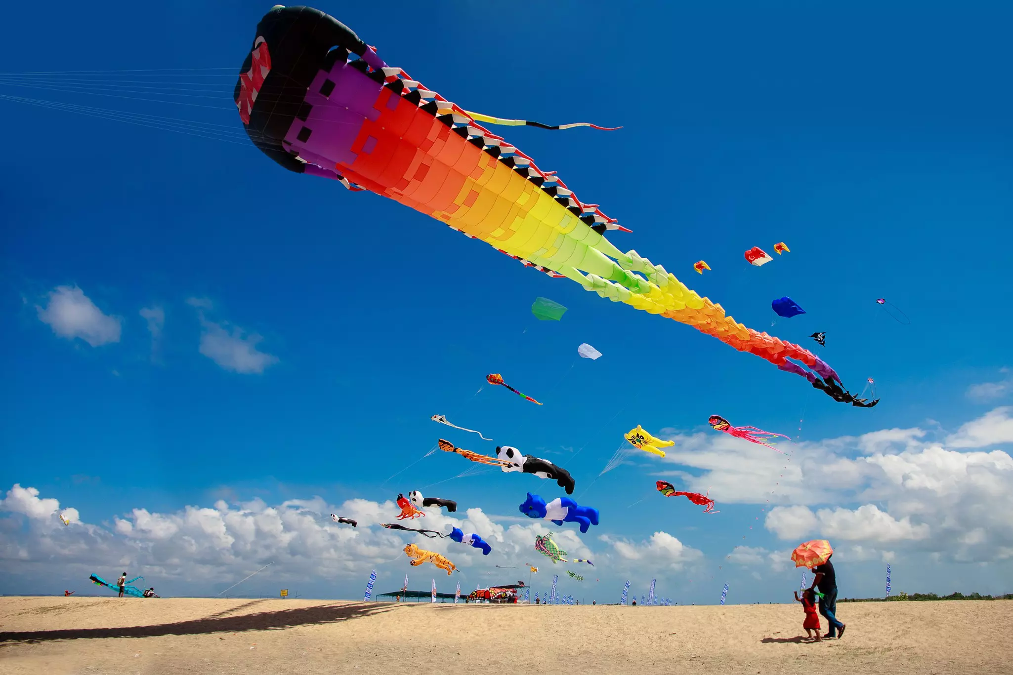 Colorful kites on the beach at the Bali Kite Festival at Padang Galak