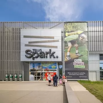 Main entrance of the TELUS Spark Science Centre, a science museum with interactive exhibits in Calgary, Alberta, Canada. 